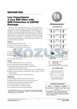 NUF4001MUT2G datasheet - Low Capacitance 4 Line EMI Filter with ESD Protection in UDFN8 Package