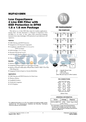 NUF4210MN datasheet - Low Capacitance 4 Line EMI Filter with ESD Protection in DFN8 1.6 x 1.6 mm Package