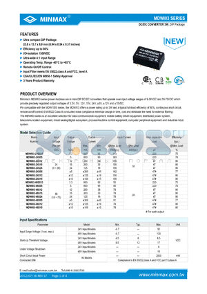 MDWI03-24D12 datasheet - DC/DC CONVERTER 3W, DIP-Package Ultra compact DIP-Package