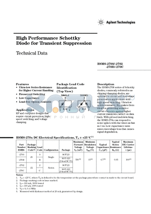 HSMS-270B datasheet - High Performance Schottky Diode for Transient Suppression