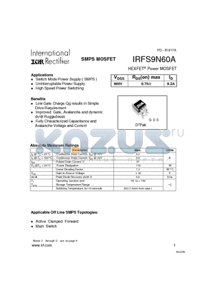 IRFS9N60A datasheet - SMPS MOSFET