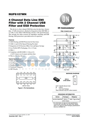 NUF6107MN datasheet - 4 Channel Data Line EMI Filter with 2 Channel USB Filter and ESD Protection