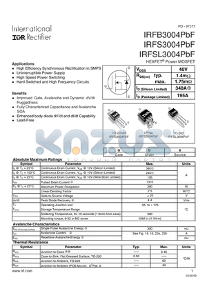 IRFSL3004PBF datasheet - HEXFET Power MOSFET