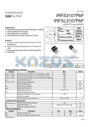 IRFSL3107PBF datasheet - HEXFET Power MOSFET