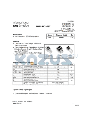 IRFSL33N15D datasheet - Power MOSFET(Vdss=150V, Rds(on)max=0.056ohm, Id=33A)