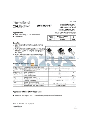 IRFSL31N20DPBF datasheet - HEXFET Power MOSFET ( VDSS = 200V , RDS(on)max = 0.082Y , ID = 31A )