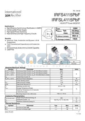 IRFSL4115PBF datasheet - HEXFET Power MOSFET