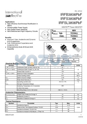 IRFSL3806PBF datasheet - HEXFETPower MOSFET