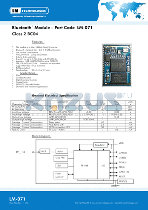 LM071 datasheet - Bluetooth Module  Part Code LM-071 Class 2 BC04