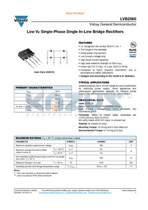 LVB2560 datasheet - Low VF Single-Phase Single In-Line Bridge Rectifiers