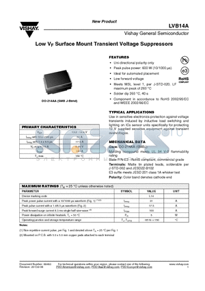 LVB14A-E3/52 datasheet - Low VF Surface Mount Transient Voltage Suppressors