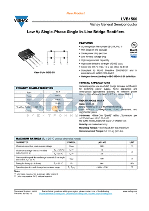 LVB1560 datasheet - Low VF Single-Phase Single In-Line Bridge Rectifiers