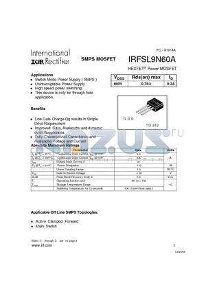 IRFSL9N60A datasheet - SMPS MOSFET
