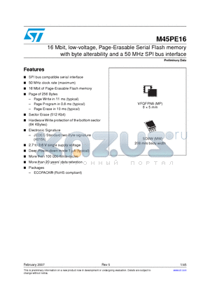 M459E16VMW6TG datasheet - 16 Mbit, low-voltage, Page-Erasable Serial Flash memory with byte alterability and a 50 MHz SPI bus interface