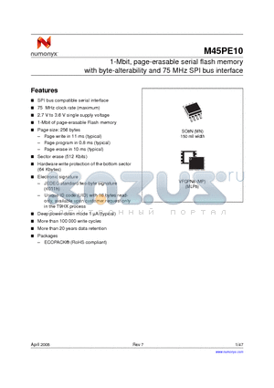M45PE10 datasheet - 1-Mbit, page-erasable serial flash memory with byte-alterability and 75 MHz SPI bus interface