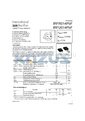 IRFU014PBF datasheet - HEXFET Power MOSFET