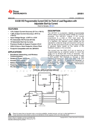 LM10011SDX/NOPB datasheet - 6/4-Bit VID Programmable Current DAC for Point of Load Regulators with Adjustable Start-Up Current