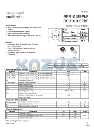 IRFU1018EPBF datasheet - HEXFET TM Power MOSFET