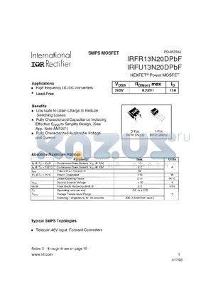 IRFU13N20DPBF datasheet - SMPS MOSFET ( VDSS=200V , RDS(on)max=0.235Y , ID=13A )
