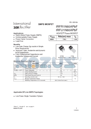 IRFU1N60APBF datasheet - SMPS MOSFET