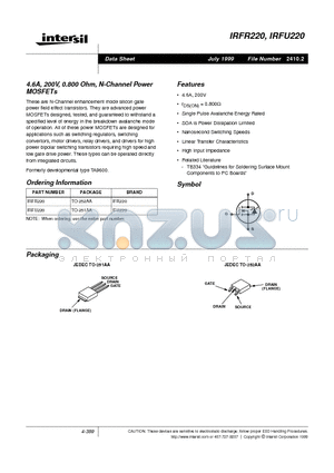 IRFU220 datasheet - 4.6A, 200V, 0.800 Ohm, N-Channel Power MOSFETs