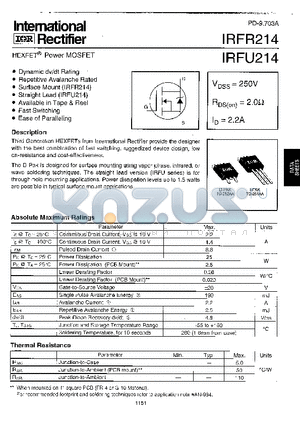 IRFU214 datasheet - Power MOSFET(Vdss=250V, Rds(on)=2.0ohm, Id=2.2A)