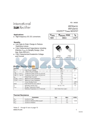 IRFU3410 datasheet - Power MOSFET