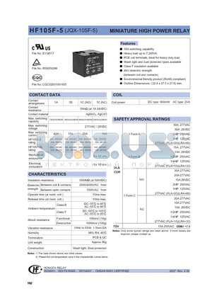 HF105F-5005DT1DSXXX datasheet - MINIATURE HIGH POWER RELAY