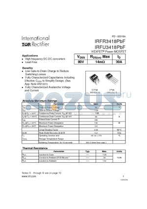 IRFU3418PBF datasheet - HEXFET Power MOSFET