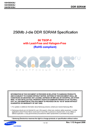 K4H560438J-LC/LB0 datasheet - 256Mb J-die DDR SDRAM Specification