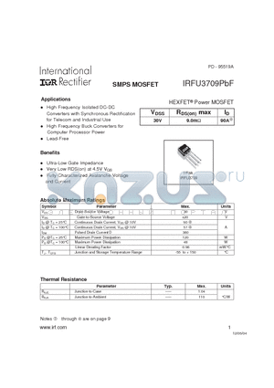 IRFU3709PBF datasheet - HEXFET^Power MOSFET