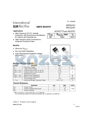 IRFU3707 datasheet - Power MOSFET(Vdss=30V, Rds(on)max=13mohm, Id=61A)