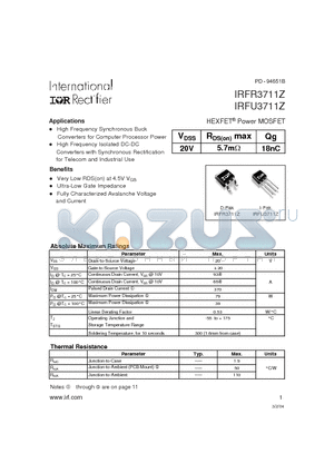 IRFU3711Z datasheet - HEXFET Power MOSFET