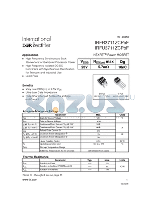 IRFU3711ZCPBF datasheet - HEXFET Power MOSFET