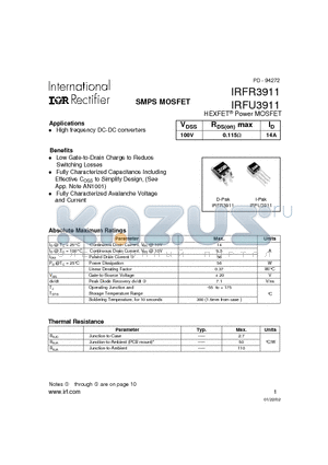 IRFU3911 datasheet - SMPS MOSFET