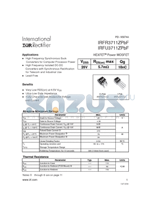 IRFU3711ZPBF datasheet - HEXFET Power MOSFET