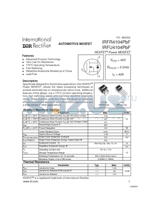 IRFU4104PBF datasheet - HEXFET^ Power MOSFET ( VDSS = 40V , RDS(on) = 5.5mY , ID = 42A )