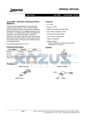 IRFU320 datasheet - 3.1A, 400V, 1.800 Ohm, N-Channel Power MOSFETs
