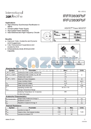 IRFU3806PBF datasheet - HEXFET Power MOSFET