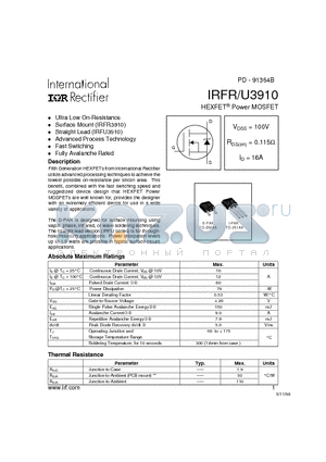 IRFU3910 datasheet - Power MOSFET(Vdss=100V, Rds=0.115ohm, Id=16A)