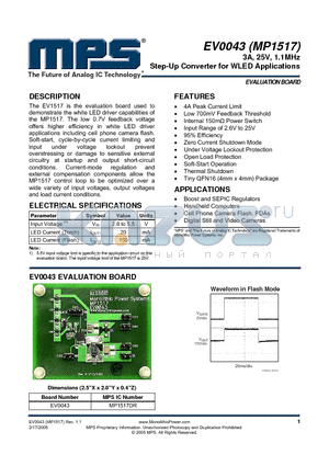 MP1517 datasheet - 3A, 25V, 1.1MHz Step-Up Converter for WLED Applications