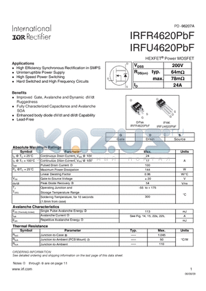 IRFU4620PBF datasheet - HEXFET Power MOSFET
