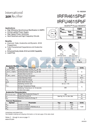 IRFU4615PBF datasheet - HEXFET Power MOSFET