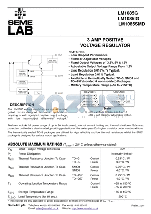 LM1085SMD datasheet - 3 AMP POSITIVE VOLTAGE REGULATOR