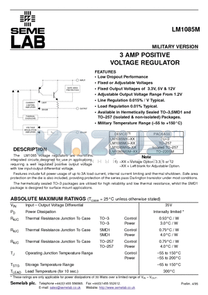 LM1085M datasheet - 3 AMP POSITIVE VOLTAGE REGULATOR