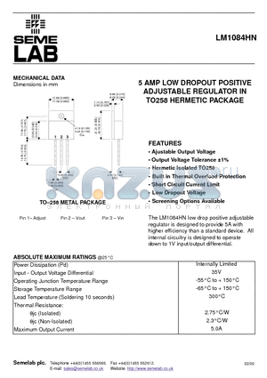 LM1084HN datasheet - 5 AMP LOW DROPOUT POSITIVE