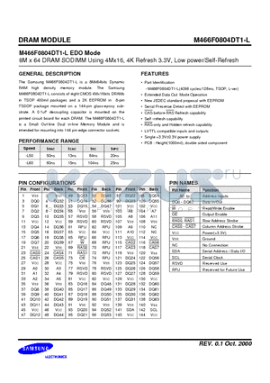 M466F0804DT1-L datasheet - 8M x 64 DRAM SODIMM Using 4Mx16, 4K Refresh 3.3V, Low power/Self-Refresh