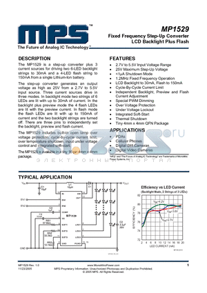 MP1529 datasheet - Fixed Frequency Step-Up Converter LCD Backlight Plus Flash