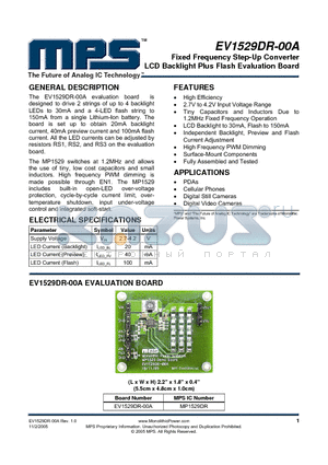 MP1529DR datasheet - Fixed Frequency Step-Up Converter LCD Backlight Plus Flash Evaluation Board