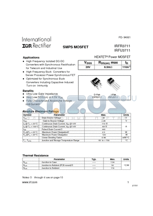 IRFU3711 datasheet - Power MOSFET(Vdss=20V, Rds(on)max=6.5mohm, Id=110A)
